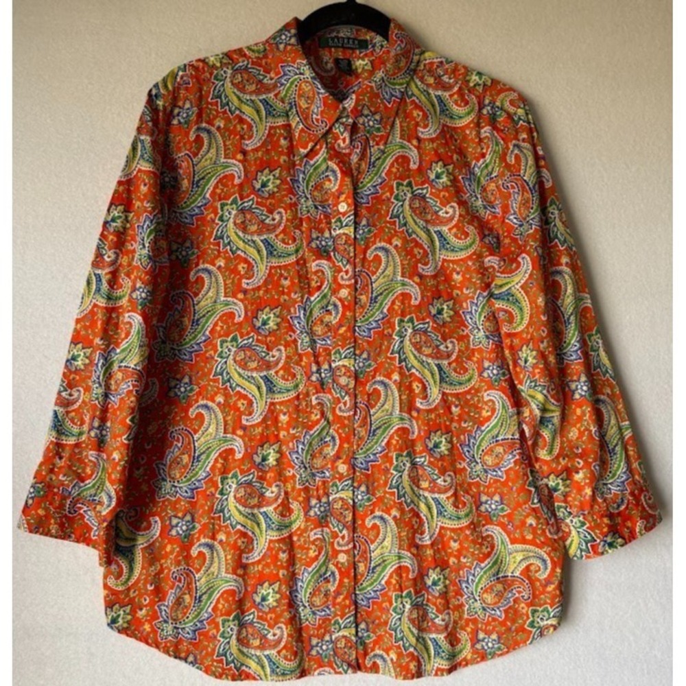 Lauren Ralph‎ Lauren Paisley Blouse Women XL Orange 3/4 Sleeve Button Up Cotton
